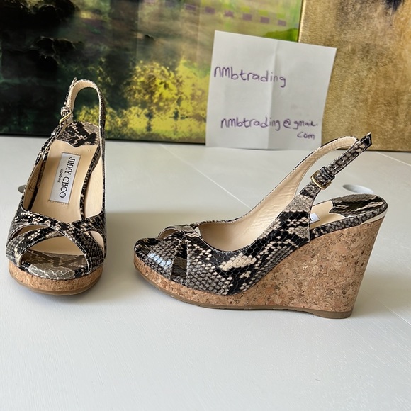 Jimmy Choo made in Spain crocodile leather Peeptoe cork wedge heel
